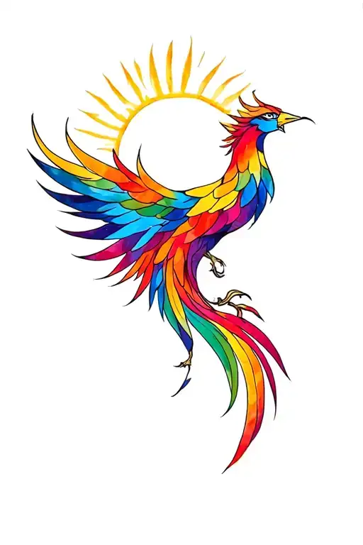 A Colorful Phoenix Flying Down Whose Body Is The Bottom Part Of A Semikolon And The Top Is The Sun
