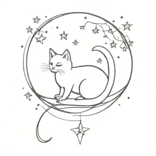 Cat In A Moon With Clouds Stars And Bats