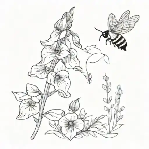 Foxglove And Lavender Flowers With Bee Flying Around It