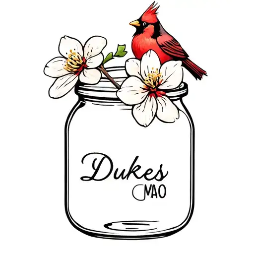 Dukes Mayo Jar Empty As A Flower Holder With 2 Dogwood Flowers And A Cardinal