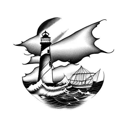 Lighthouse Stormy Condition With Old Sail Boat