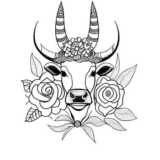 A Minimalist Tattoo Of A Cow Wearing A Boho-style Flower Crown