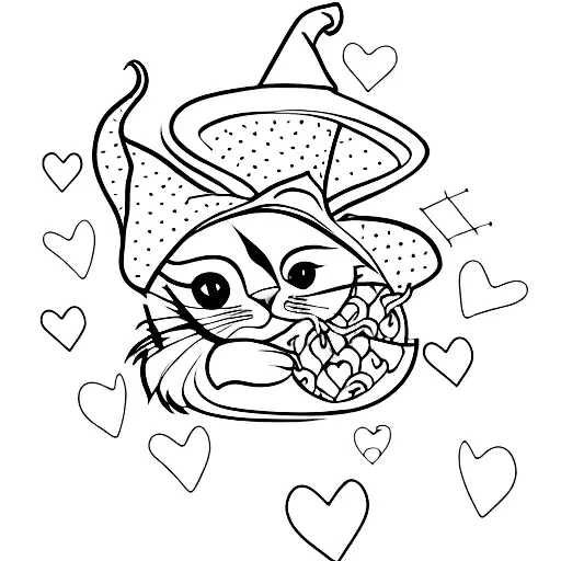 A Blackwork Tattoo Of A Cat Wearing A Witch Hat Surrounded By Hearts