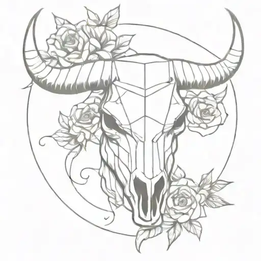 Geometric Capricorn Feminine Bull Skull With Flowers Tattoo Drawing Style