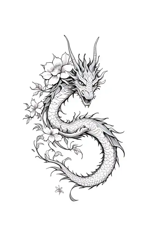 Dragon Wrapped Around Forearm With Flowers