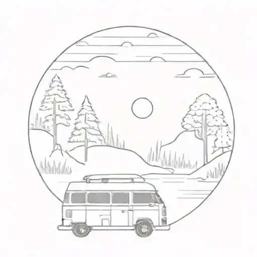 A Minimalist Tattoo Of A Serene Camping Scene With A Vw T4 Parked Near A River