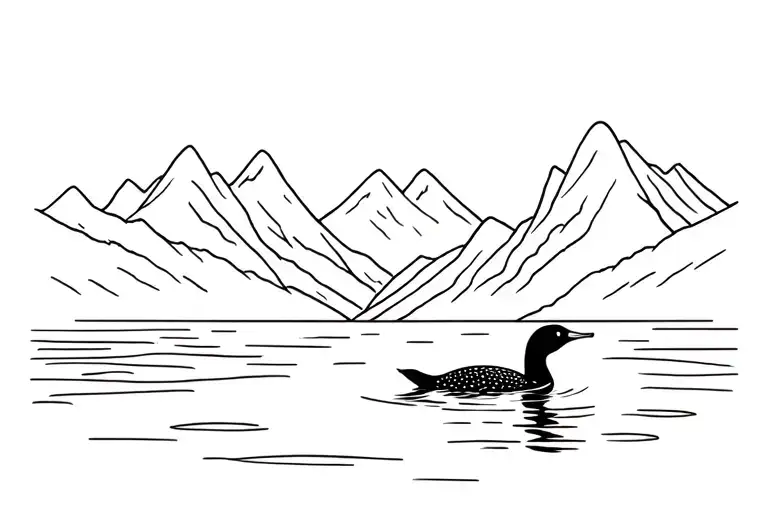 Loon Bird Swimming Away On A Lake Surrounded By Mountains