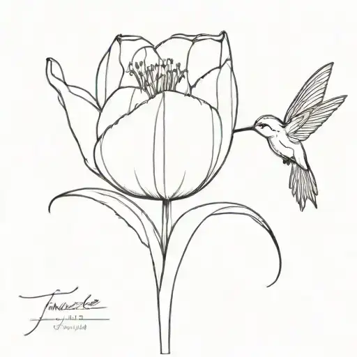 A Tulip With A Signature On The Stem With A Hummingbird