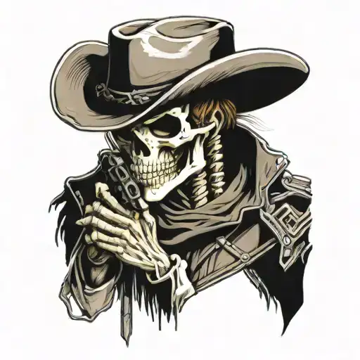 Skeleton Cowboy Head Down About To Draw Gun