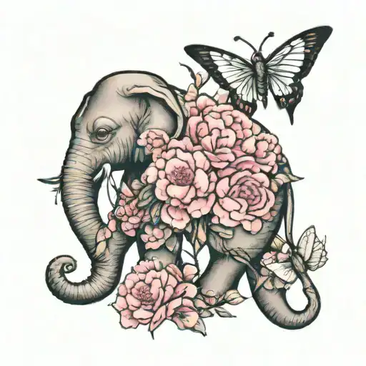 Elephant Surrounded By Pink Carnations And Hummingbirds