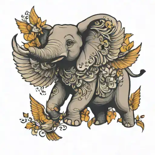 Elephant And Doves Flying