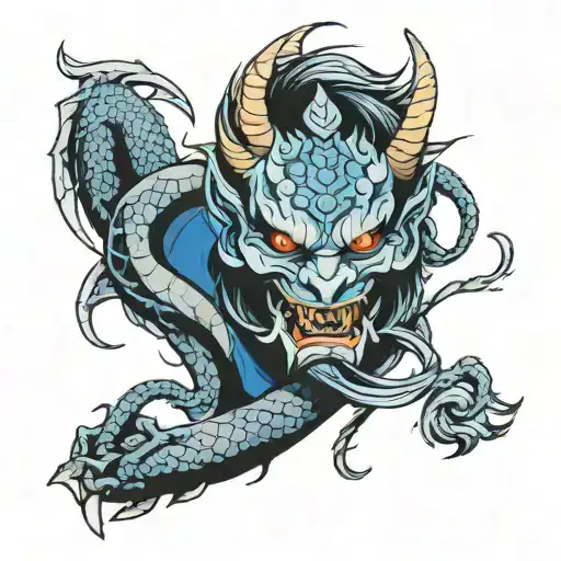 Black And Blue Sleeve That Has An Oni Mask And A Dragon