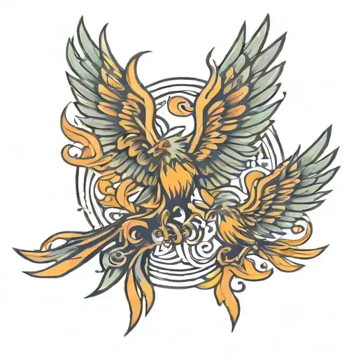 Phoenix Wings Spread With 2 Small Phoenixes