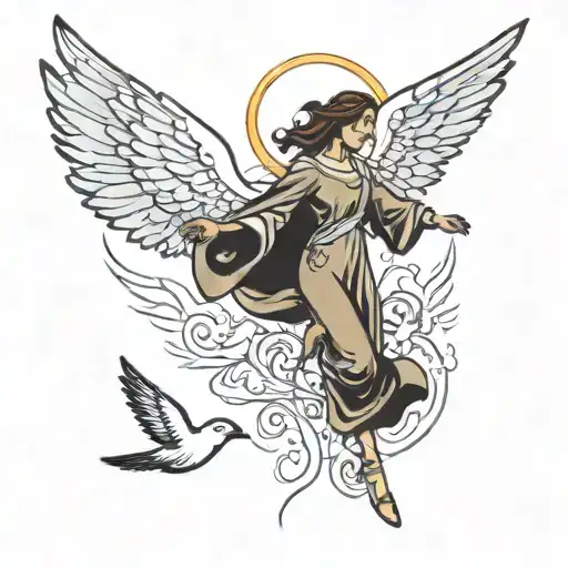 Angel Flying Towards Bright Shining With Birds Flying