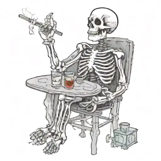 Skeleton And Table While Smoking A Cigarette