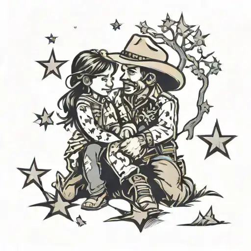 Cowboy Kneeling Down With A Little Girl Running To Him Underneath A Tree And Stars