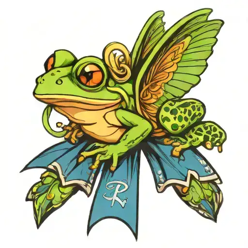Frog With Angle Wings And Ribbon That Says Julia