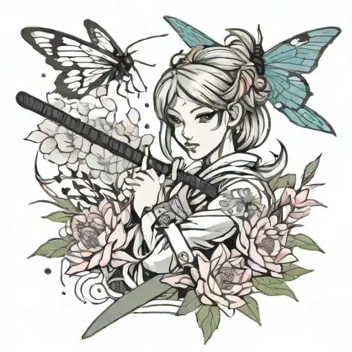 Bust Of Anime Woman With Katana Surrounded By Lycoris Radiata Flowers And Dragonflies