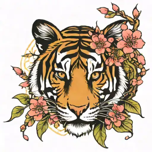 Tiger With Japanese Cherry Blossoms And Tree Vines
