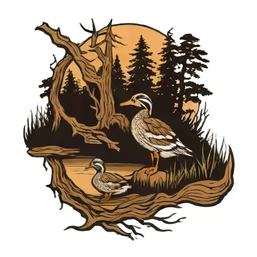 Father And Son Duck Hunting In Oak Tree Timber