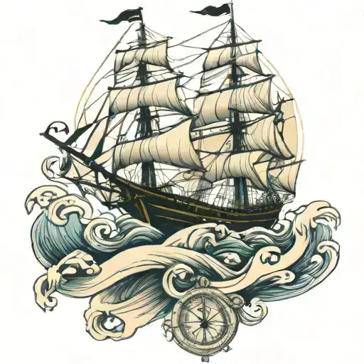 A Three Masted Barque With Waves And Anchor And Compass