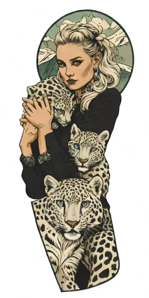 A Blonde German Woman With Green Eyes Petting A Snow Leopard On A Rocky Mountain Backdrop