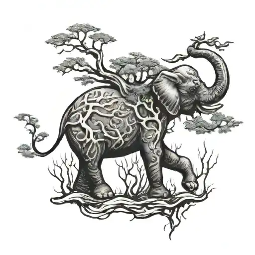Elephant Covered By A Tree Inside Surrounded