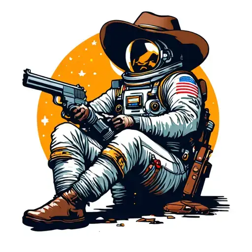 The Astronaut Sits In Space With A Holstered Pistol And A Cowboy Hat On Helmet