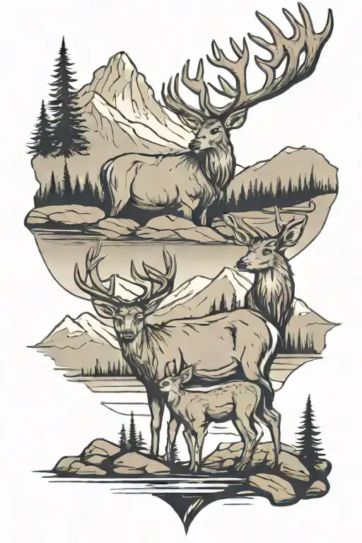 Deer And A Kid And Son With A Mountain In The Back