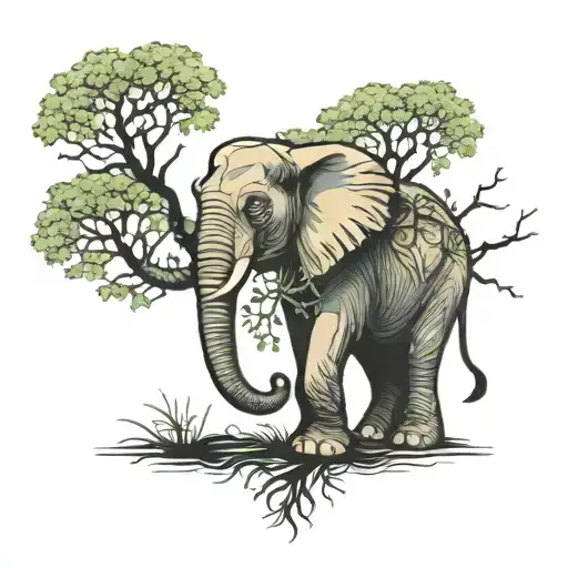 Elephant Surrounded By A Tree Intertwined
