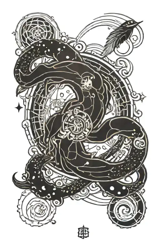 A Cosmic-inspired Tattoo Featuring The Zodiac Sign Cancer Intertwined With Elegant Reia Elements