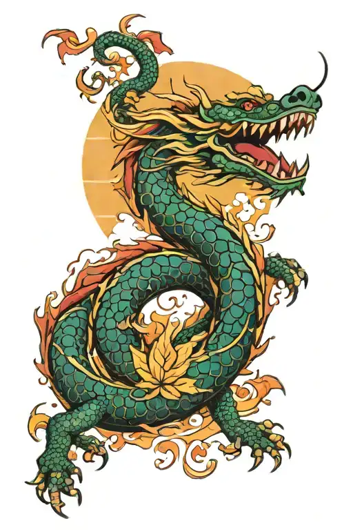Japanese Dragon Neo Traditional Style Colored Leaves Sunset