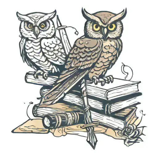 Sword And Books Stacked And Owl Perched On Top