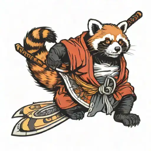 Red Panda Samurai Jumping With A Katana In His Paws