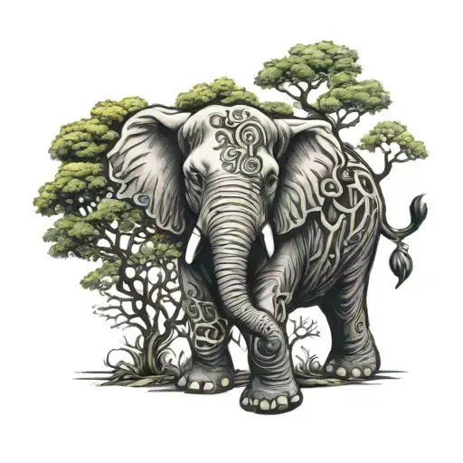 Elephant Covered By A Tree Intertwined