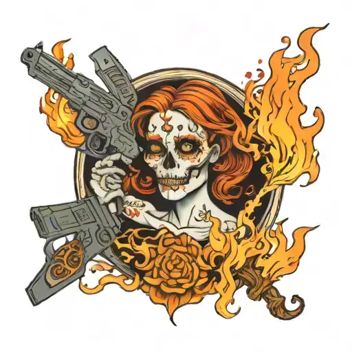 Tarot Card Woman Coming Out Of Flames Gun Skull