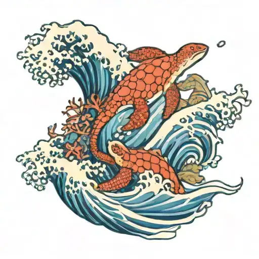 Hokusai's Wave With Coral Reef Below With Turtles And Octopus