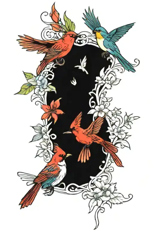 Honeysuckle Vines With Various Flowers With Red Cardinal And Hummingbirds