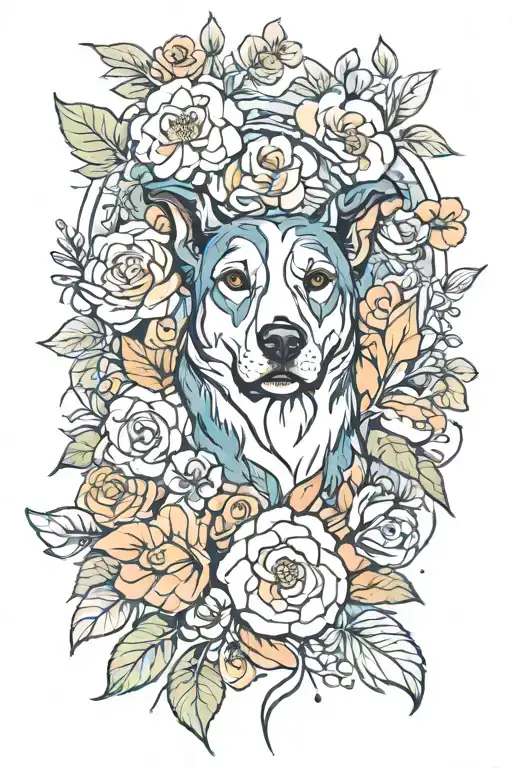 Dog And Flowers Surrounding Them