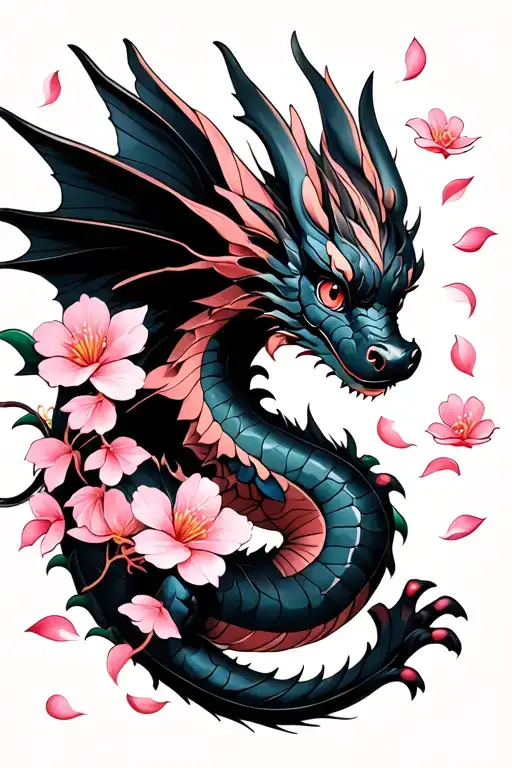 Pink Cherry Blossom Petals Floating Around Simple Flying Black Baby Dragon