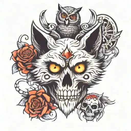 3 Eyed Wolf Wearing A Skull Top Of The Skull An Owl Sitting