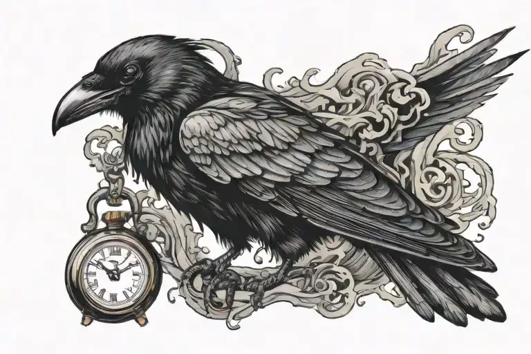 Eerie Black Crow With Pocket Watch Melting