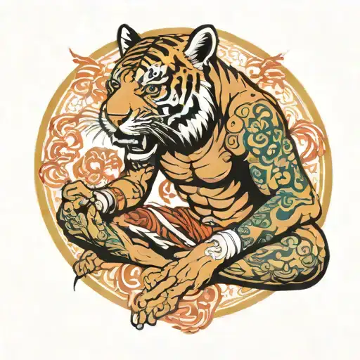 A Thai Boxer Praying With The Soul Of A Tiger Coming Out Of His Back From The Front