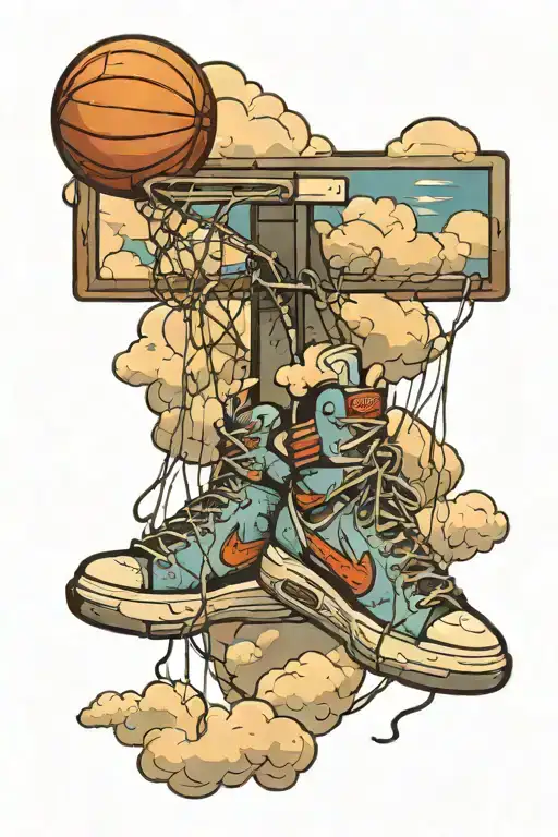 Basketball Hoop With Shoes Hanging Off The Rim With Clouds And Sky In The Background
