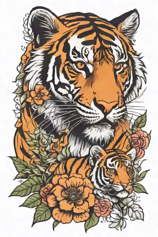 Tiger And A Baby Tiger Wit A Lot Of Flowers
