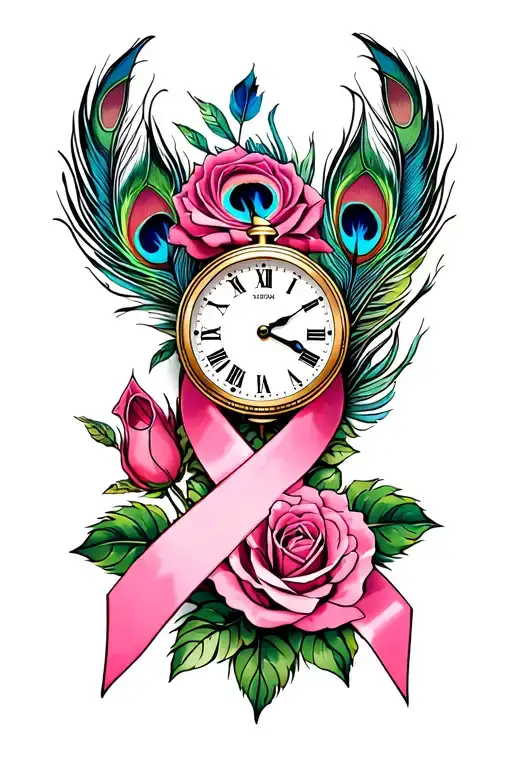 Pink Rose Breast Cancer Ribbon Peacock Feathers And Timepiece