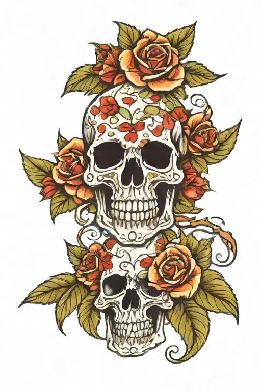 Western Theam Skull With Roses Sleave Tatto