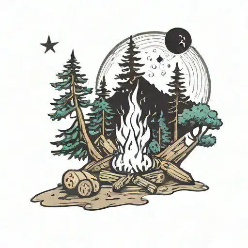 Pine Trees And Campfire With Full Moon And Stars