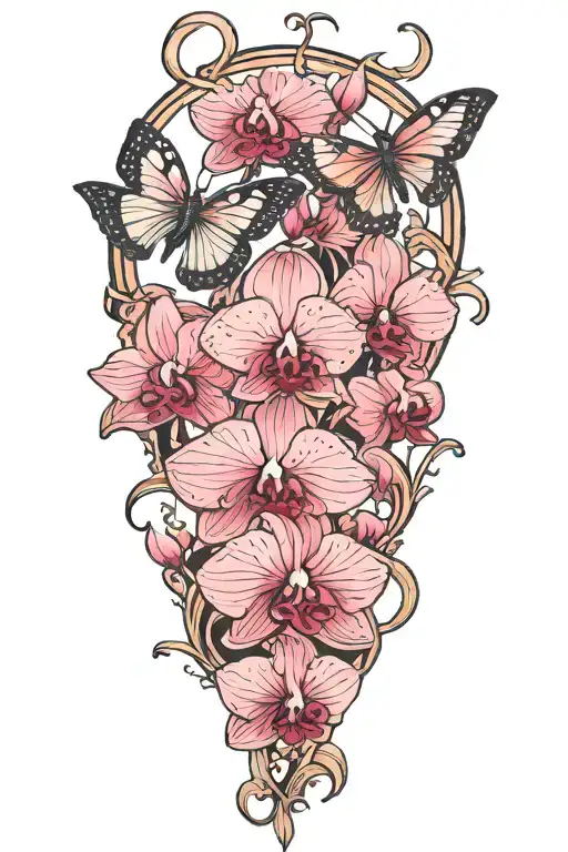 Pink Orchids With Graceful Butterflies In Flight