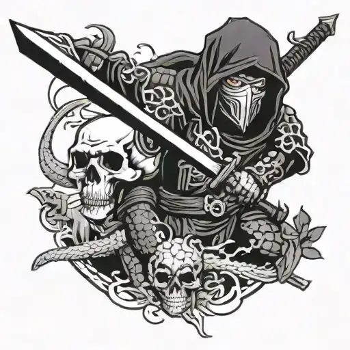 Black Ninja With A Sword Next To A Skull And A Dragon